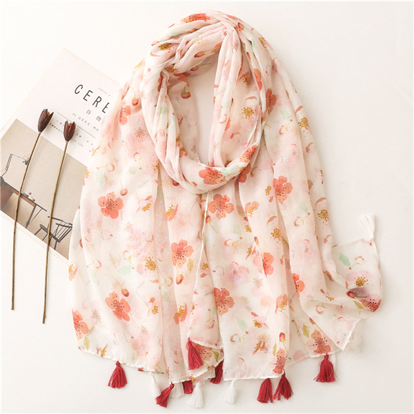 Warm pink floret pattern tassel cotton linen beach towel shawl wholesale