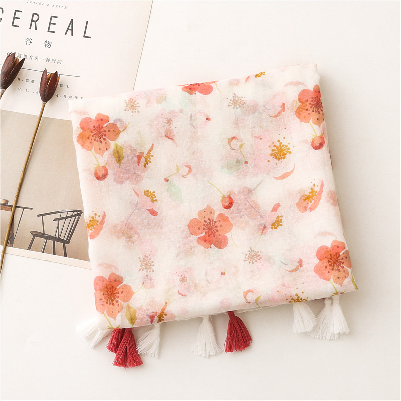 Warm pink floret pattern tassel cotton linen beach towel shawl wholesale