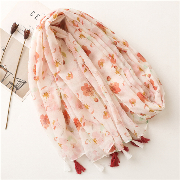 Warm pink floret pattern tassel cotton linen beach towel shawl wholesale