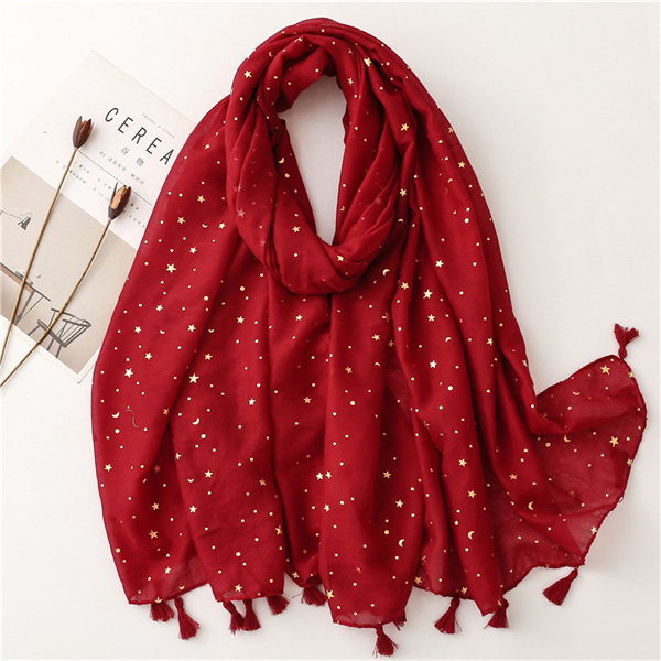 Cotton linen scarf bronzing star moon solid tassel Tulle Scarf Shawl wholesale