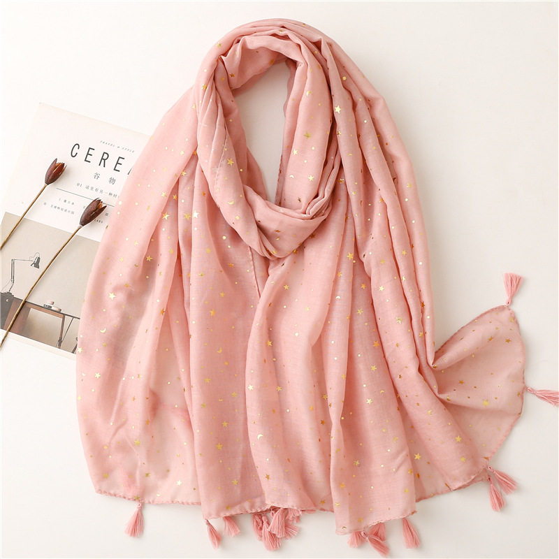 Cotton linen scarf bronzing star moon solid tassel Tulle Scarf Shawl wholesale