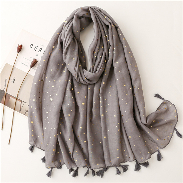 Cotton linen scarf bronzing star moon solid tassel Tulle Scarf Shawl wholesale