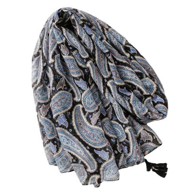 Blue black cashew flower cotton linen scarf sunscreen shawl silk scarf female wholesale