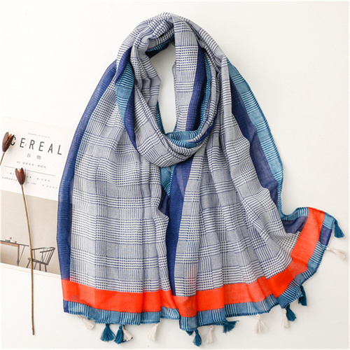 Spring and summer cotton linen scarf female geometric thousand bird lattice tassel beach Scarf Shawl