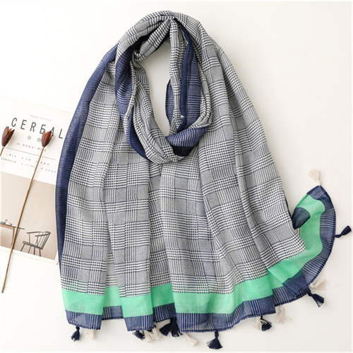 Spring and summer cotton linen scarf female geometric thousand bird lattice tassel beach Scarf Shawl
