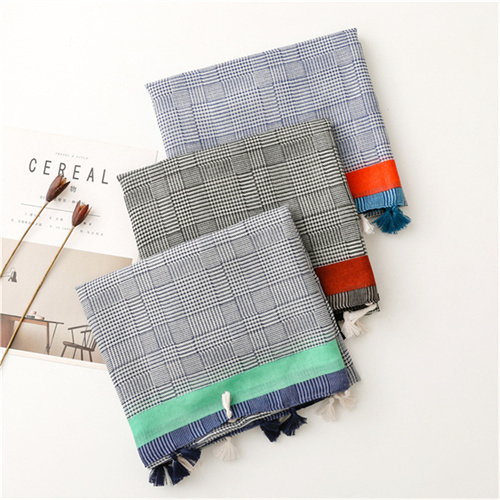 Spring and summer cotton linen scarf female geometric thousand bird lattice tassel beach Scarf Shawl