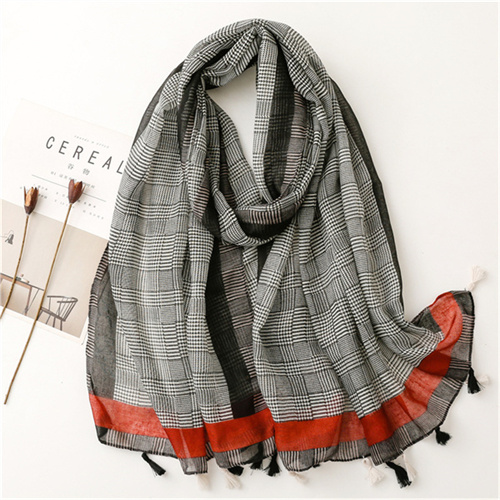 Spring and summer cotton linen scarf female geometric thousand bird lattice tassel beach Scarf Shawl