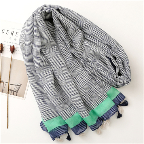 Spring and summer cotton linen scarf female geometric thousand bird lattice tassel beach Scarf Shawl