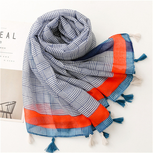 Spring and summer cotton linen scarf female geometric thousand bird lattice tassel beach Scarf Shawl