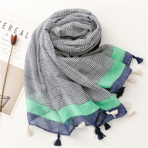 Spring and summer cotton linen scarf female geometric thousand bird lattice tassel beach Scarf Shawl