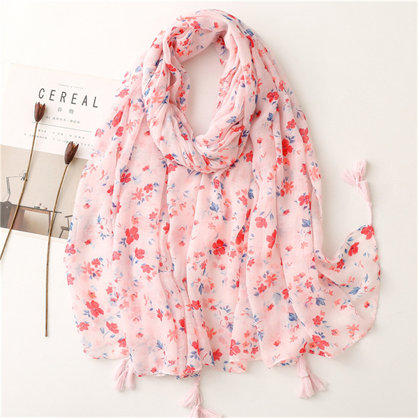 Soft cotton linen Scarf Pink floret tassel sunscreen shawl silk scarf lady