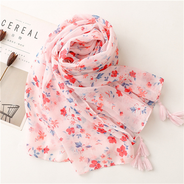 Soft cotton linen Scarf Pink floret tassel sunscreen shawl silk scarf lady