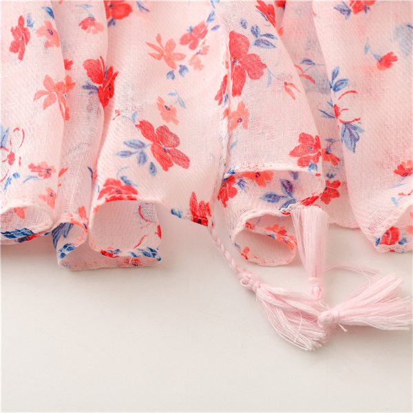 Soft cotton linen Scarf Pink floret tassel sunscreen shawl silk scarf lady