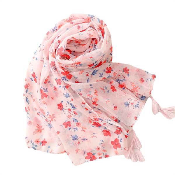 Soft cotton linen Scarf Pink floret tassel sunscreen shawl silk scarf lady