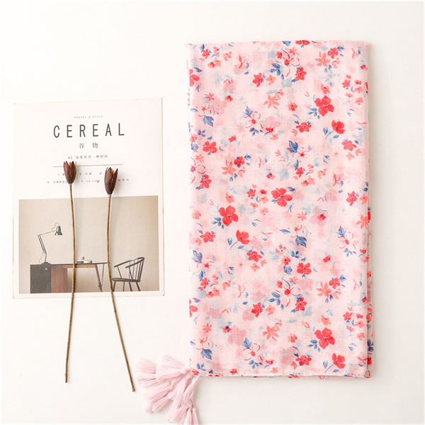 Soft cotton linen Scarf Pink floret tassel sunscreen shawl silk scarf lady