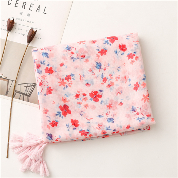 Soft cotton linen Scarf Pink floret tassel sunscreen shawl silk scarf lady