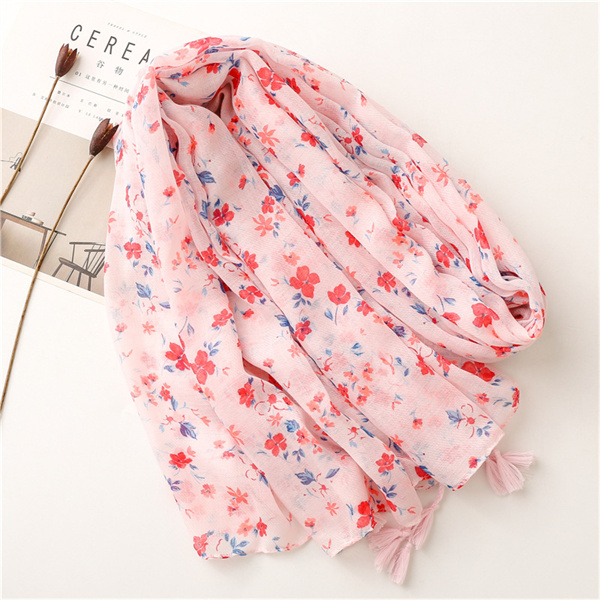 Soft cotton linen Scarf Pink floret tassel sunscreen shawl silk scarf lady