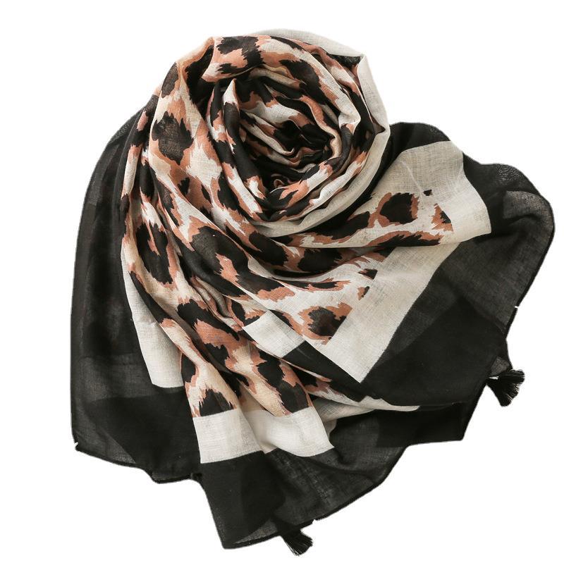 Spring and summer cotton linen scarf female frame leopard pattern tassel beach towel wholesale