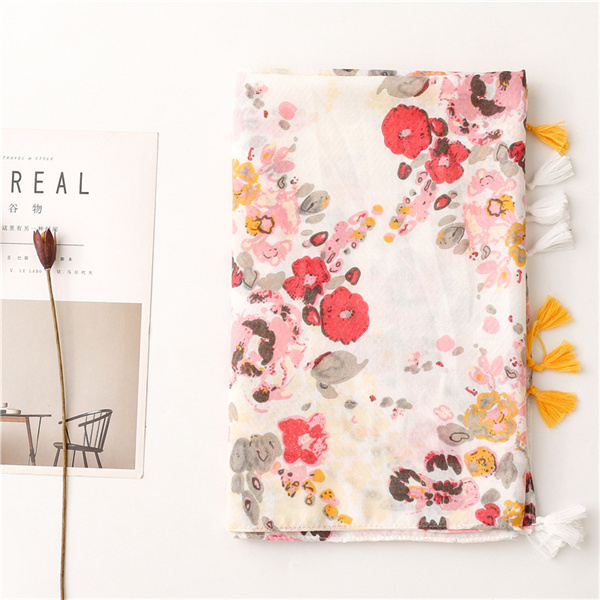 Cotton linen scarf ink painting flower printing handmade tassel shawl shawl
