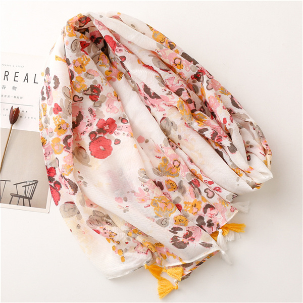 Cotton linen scarf ink painting flower printing handmade tassel shawl shawl