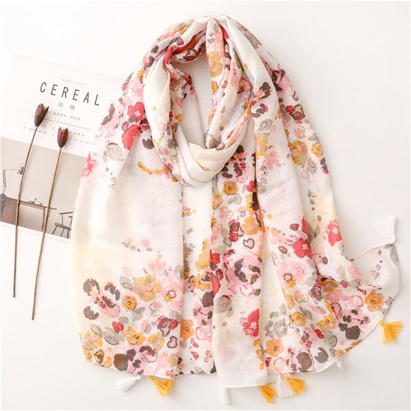 Cotton linen scarf ink painting flower printing handmade tassel shawl shawl
