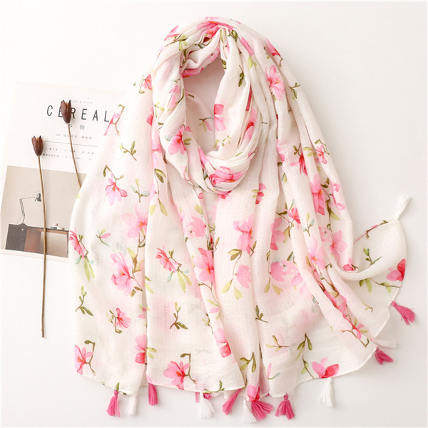 Cotton linen Scarf Pink floret flower handmade tassel shawl wholesale