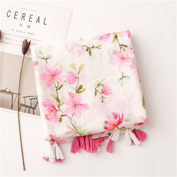 Cotton linen Scarf Pink floret flower handmade tassel shawl wholesale