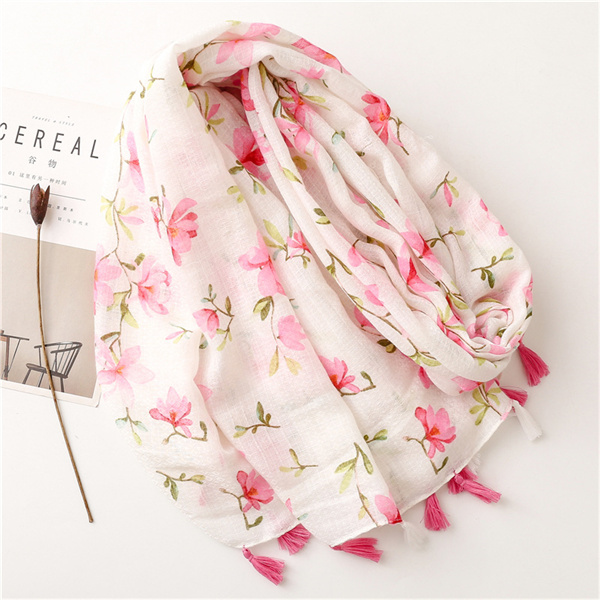 Cotton linen Scarf Pink floret flower handmade tassel shawl wholesale