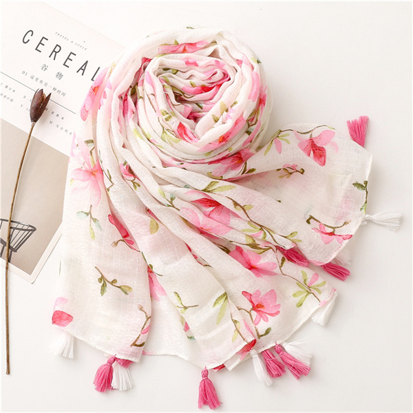 Cotton linen Scarf Pink floret flower handmade tassel shawl wholesale