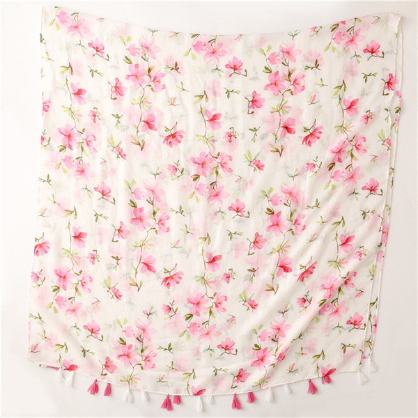 Cotton linen Scarf Pink floret flower handmade tassel shawl wholesale