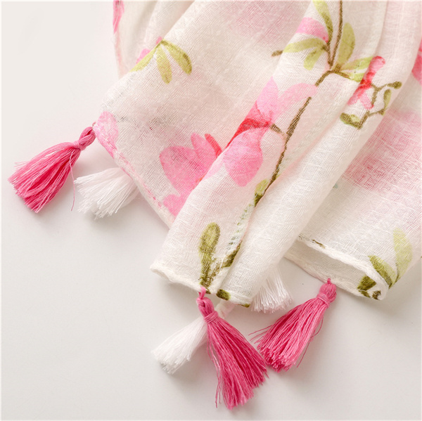 Cotton linen Scarf Pink floret flower handmade tassel shawl wholesale