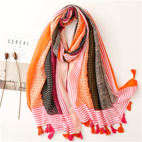 Retro color matching geometric printing silk scarves cotton linen scarves womens wholesale
