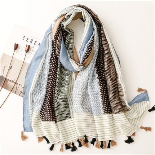 Retro color matching geometric printing silk scarves cotton linen scarves womens wholesale