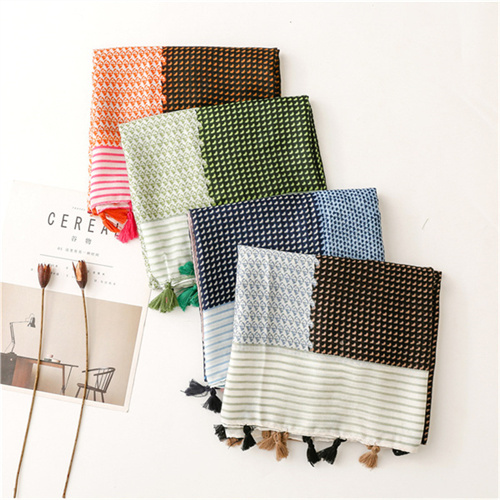 Retro color matching geometric printing silk scarves cotton linen scarves womens wholesale