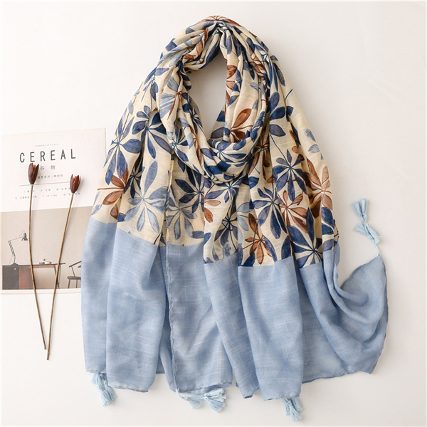 2022 new plant flower printed cotton and linen scarves tassel large scarves wholesale