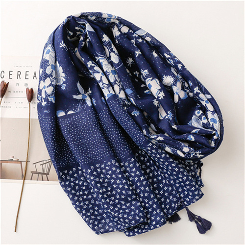 Fashion cotton and linen scarf with Tibetan blue and white tassel silk scarf