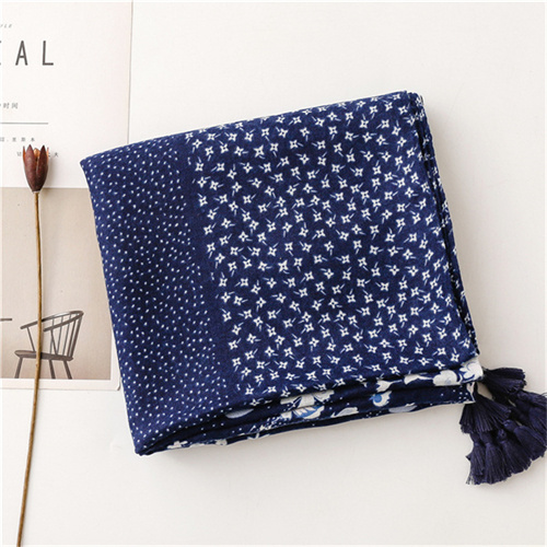 Fashion cotton and linen scarf with Tibetan blue and white tassel silk scarf