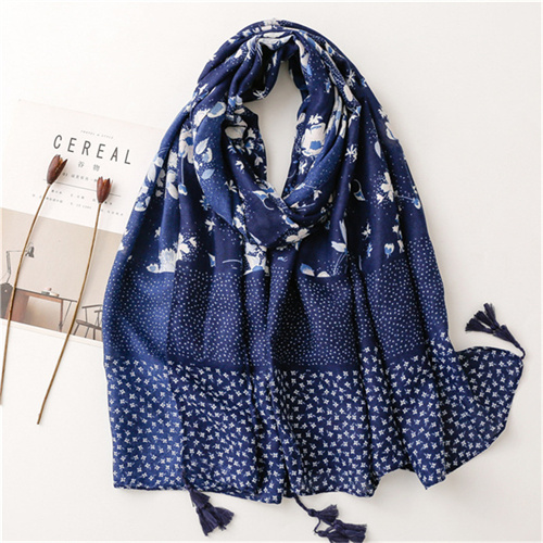 Fashion cotton and linen scarf with Tibetan blue and white tassel silk scarf
