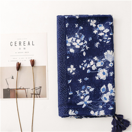 Fashion cotton and linen scarf with Tibetan blue and white tassel silk scarf
