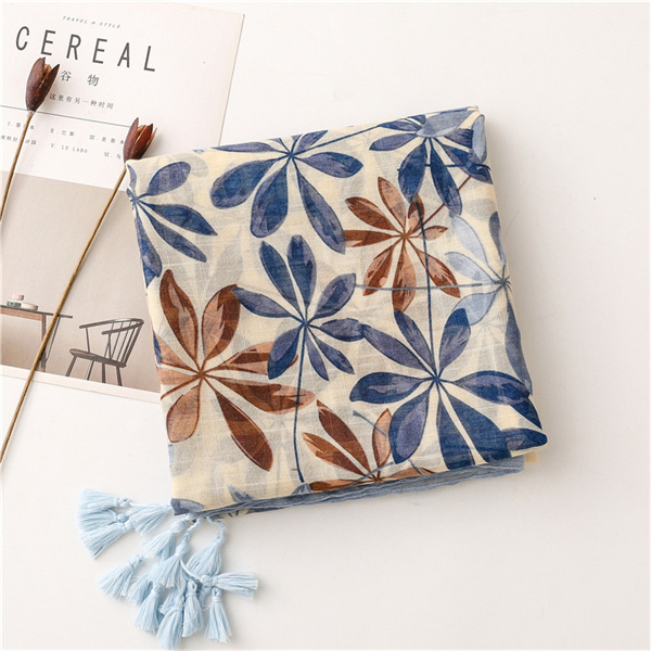2022 new plant flower printed cotton and linen scarves tassel large scarves wholesale