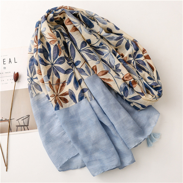 2022 new plant flower printed cotton and linen scarves tassel large scarves wholesale