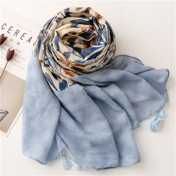 2022 new plant flower printed cotton and linen scarves tassel large scarves wholesale