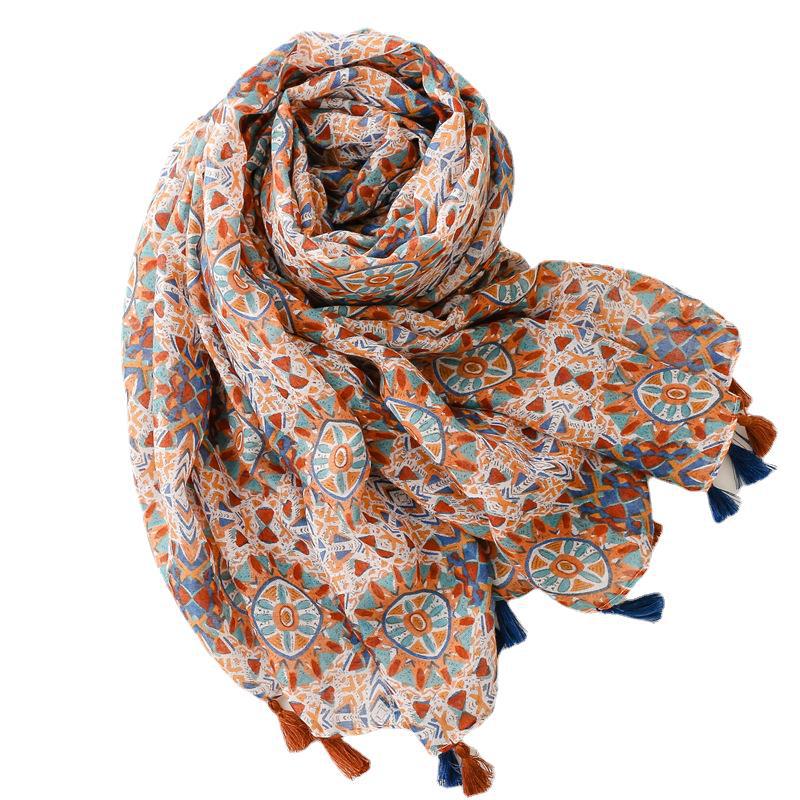 Vintage cotton and hemp handfeel scarf female geometric flower tassel thin scarf wholesale