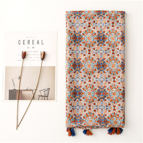 Vintage cotton and hemp handfeel scarf female geometric flower tassel thin scarf wholesale