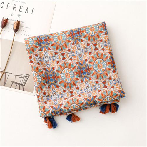 Vintage cotton and hemp handfeel scarf female geometric flower tassel thin scarf wholesale