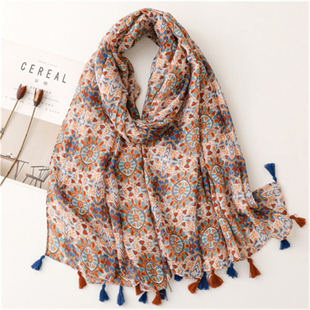 Vintage cotton and hemp handfeel scarf female geometric flower tassel thin scarf wholesale