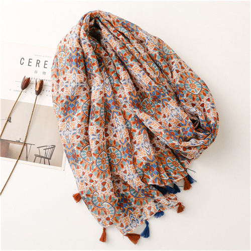 Vintage cotton and hemp handfeel scarf female geometric flower tassel thin scarf wholesale