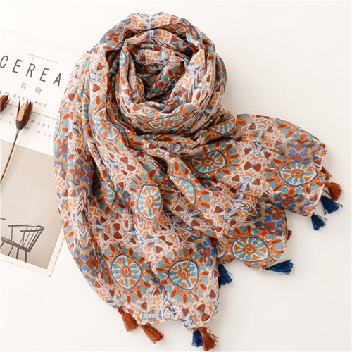 Vintage cotton and hemp handfeel scarf female geometric flower tassel thin scarf wholesale