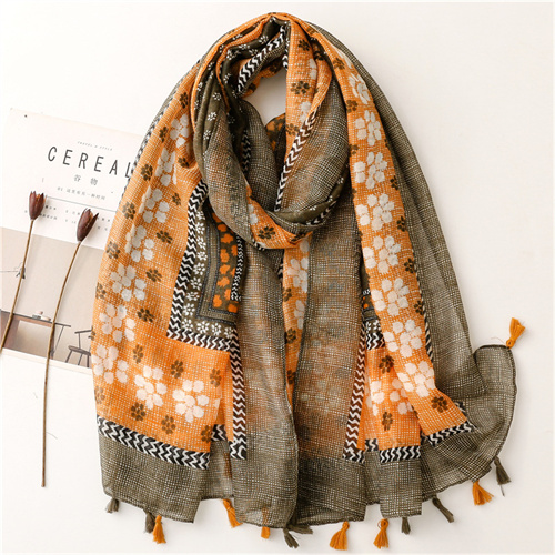 Retro ethnic cotton and hemp scarves womens four leaf floret fringed thin scarves wholesale