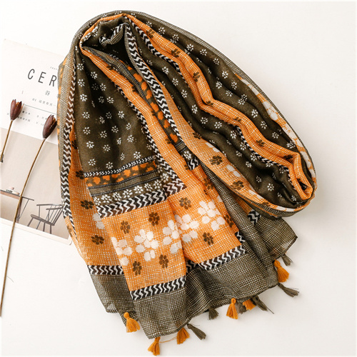 Retro ethnic cotton and hemp scarves womens four leaf floret fringed thin scarves wholesale